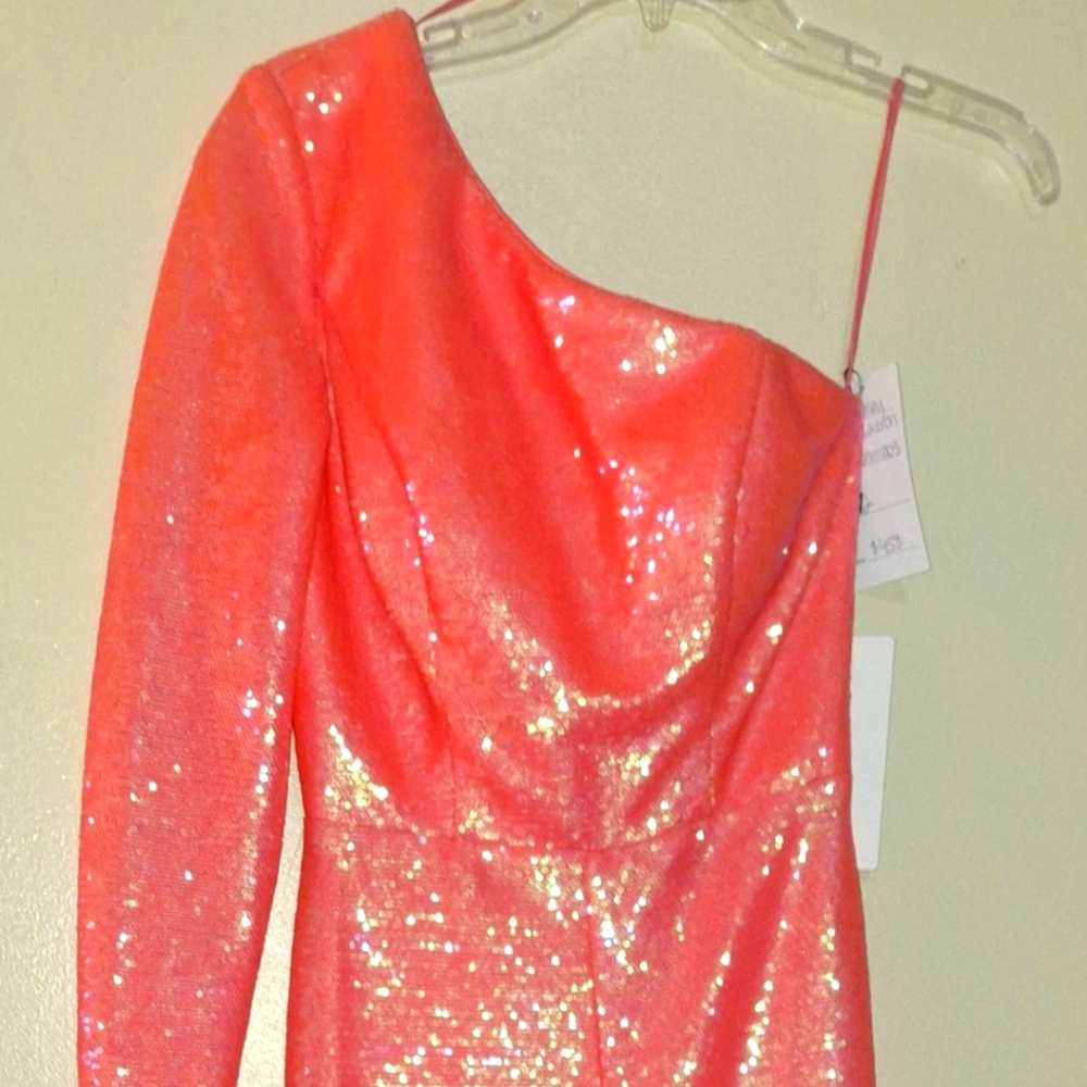 One-Shoulder Sequin Pageant Jumpsuit in Coral Ashley Lauren